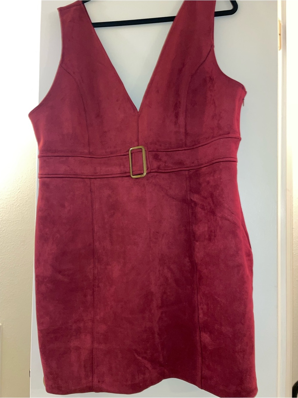 Women's Deep V-Neck Maroon Suede-Like Belted Dress